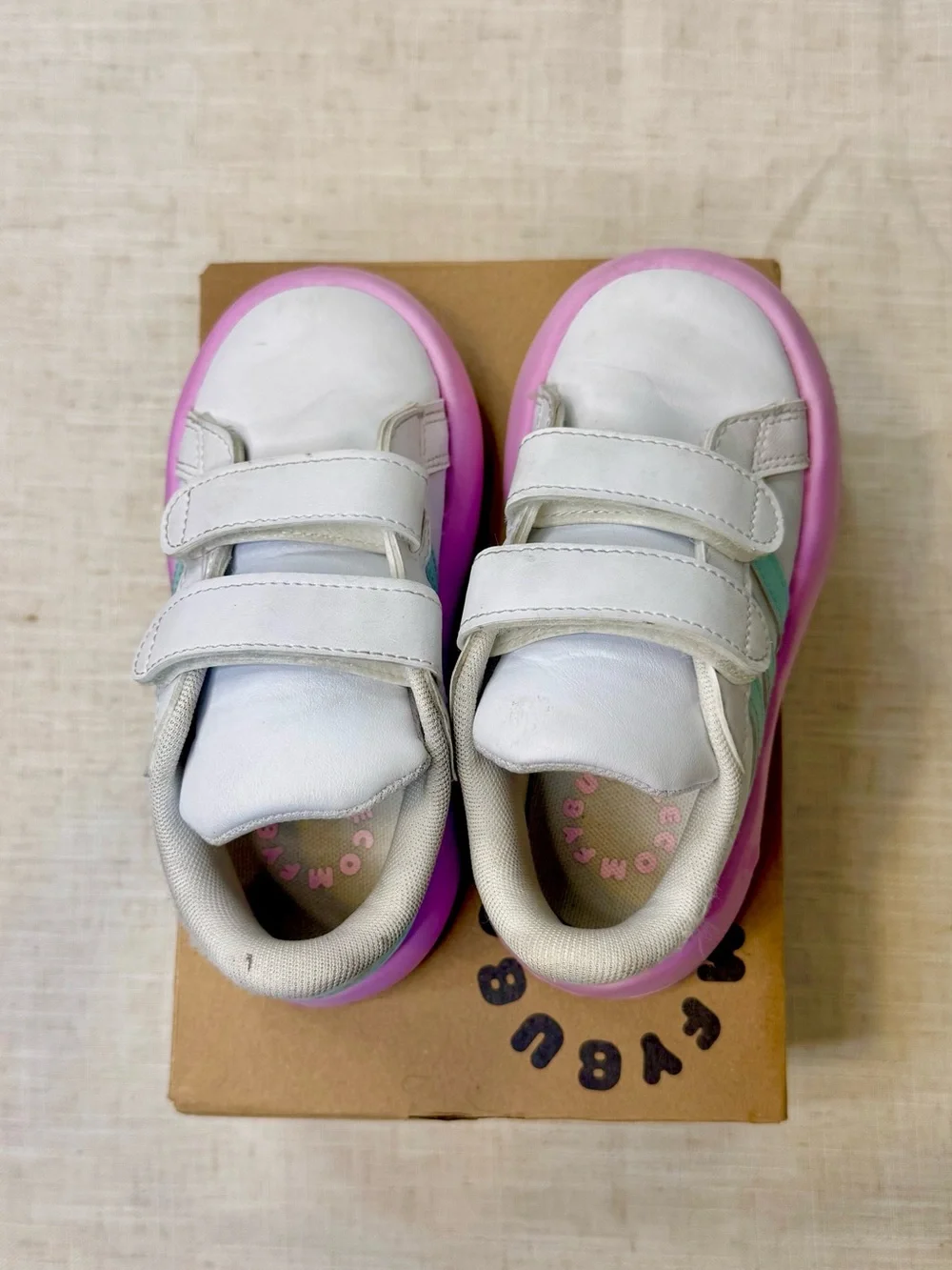 adidas Kids grand court 2 White Sneakers with Mint Stripes & Pink Soles